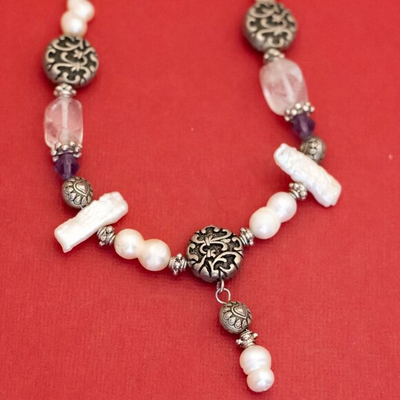 18 inch, Vintage Lovely Pearls Silver Tone Art Nouveau Necklace - F47 - Picture 1 of 3